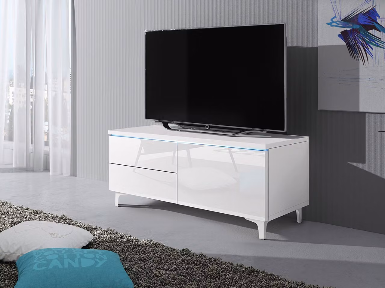 Tavolino per TV su gambe con illuminazione a LED FERNS 11 - bianco / bianco lucido, destro