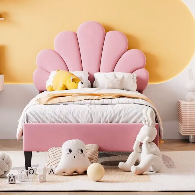 Letto per bambini OKWISH in velluto rosa con testiera imbottita a fiore, L/P/H: 90 x 200 x 110.5 cm