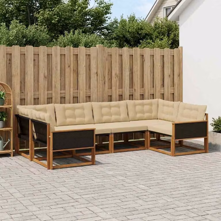 Set di divani da esterno vidaXL a forma di L composto da 6 pezzi in legno di acacia con cuscini beige e marrone
