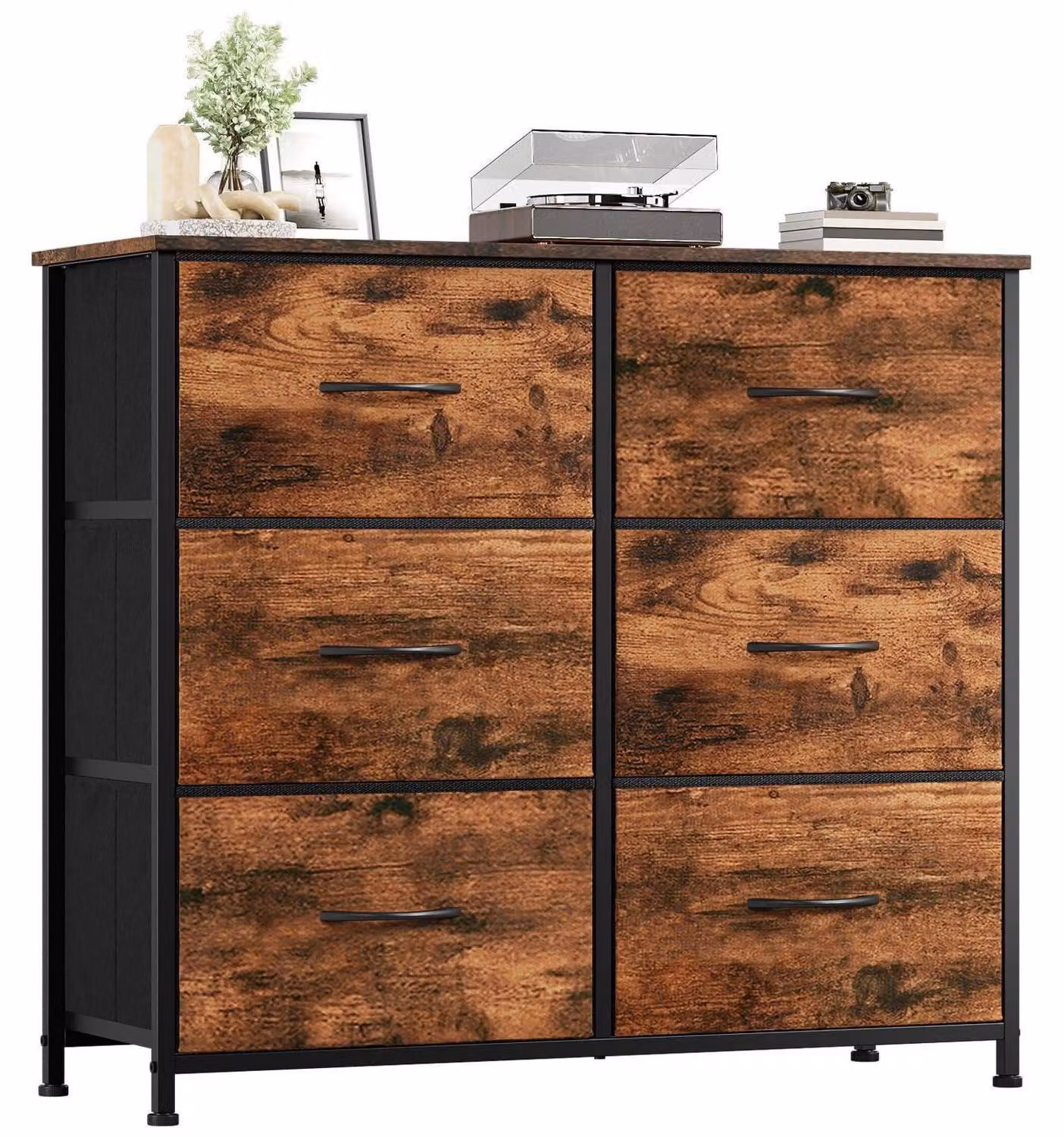 Comodino con cassetti rivestiti in tessuto, 6 cassetti, finitura effetto legno, dimensioni 80x71,5x30 cm