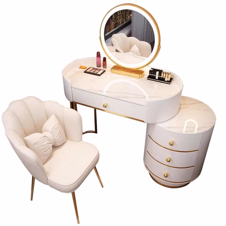 Set da trucco con specchio e 5 cassetti, colore bianco, 80 cm