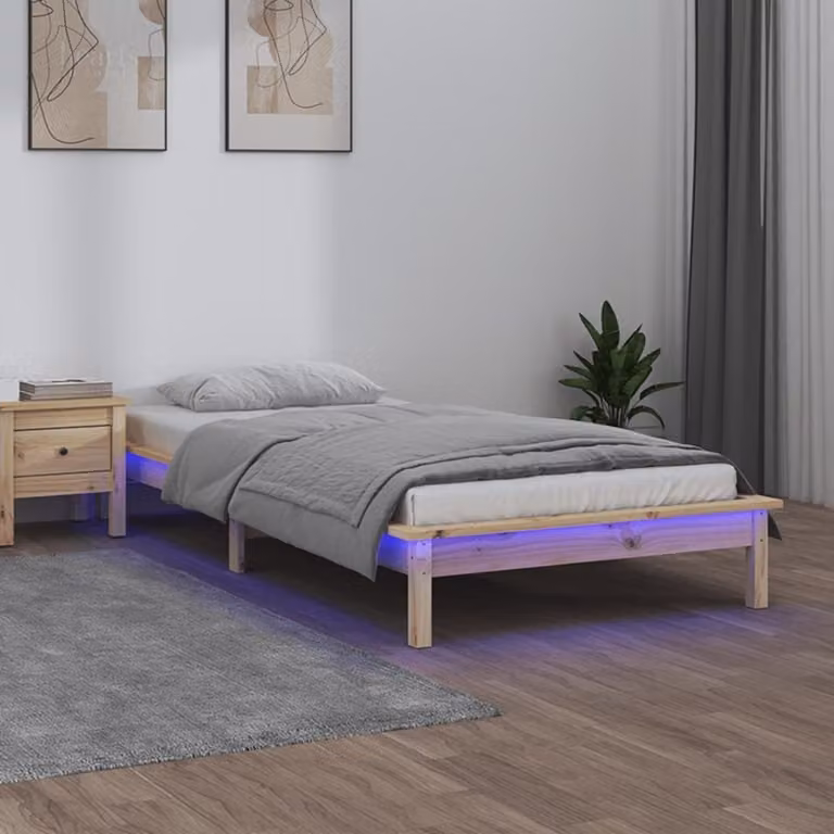 The Living Store Letto in legno massiccio con LED 75x190 cm