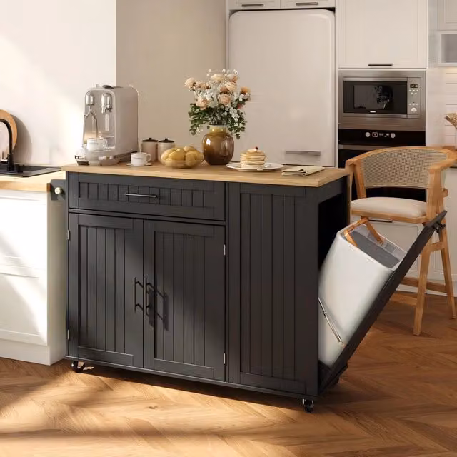Mobile isola cucina Minimal nero con ruote bloccabili e scomparti contenitore L: 130 cm, P: 45 cm, H: 93 cm – 1