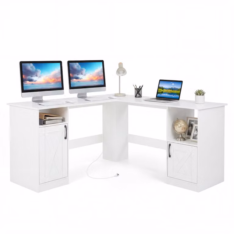 COSTWAY Scrivania a forma di L, 150x150x76 cm Scrivania angolare con 2 armadi, stazione di ricarica e 4 ripiani aperti, scrivania da ufficio in legno, per ufficio e home office Bianco