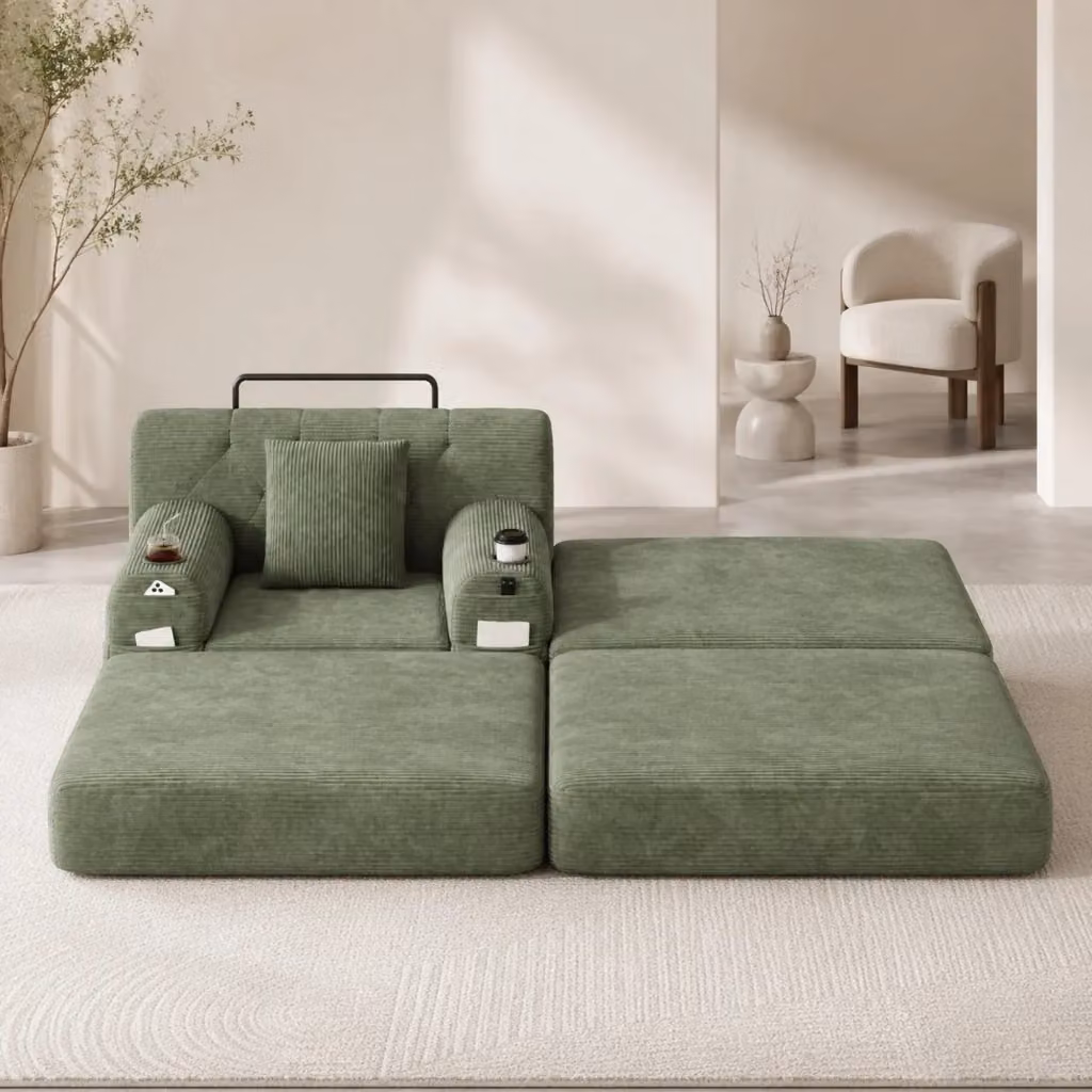 Poltrona letto singola MIVRAY in velluto a coste verde con pouf coordinato e struttura in metallo – 2