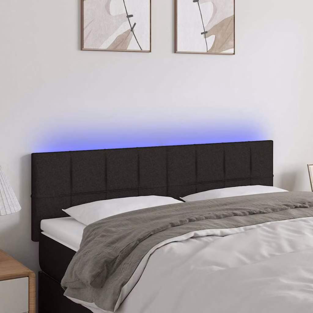 Testiera per letto vidaXL in tessuto nero con illuminazione LED e porta di ricarica USB, L 144 x P 5 x H 78/88 cm