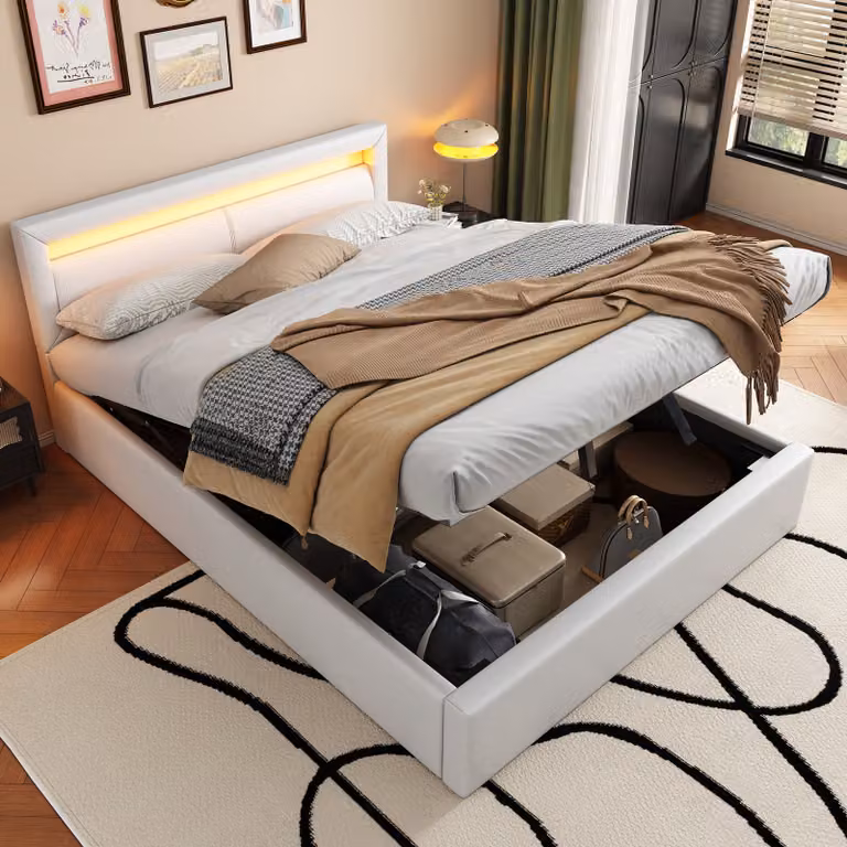 Letto Merax a molle idrauliche 140x200cm con rete, letto imbottito con LED e rete a doghe, letto matrimoniale in Pelle finta