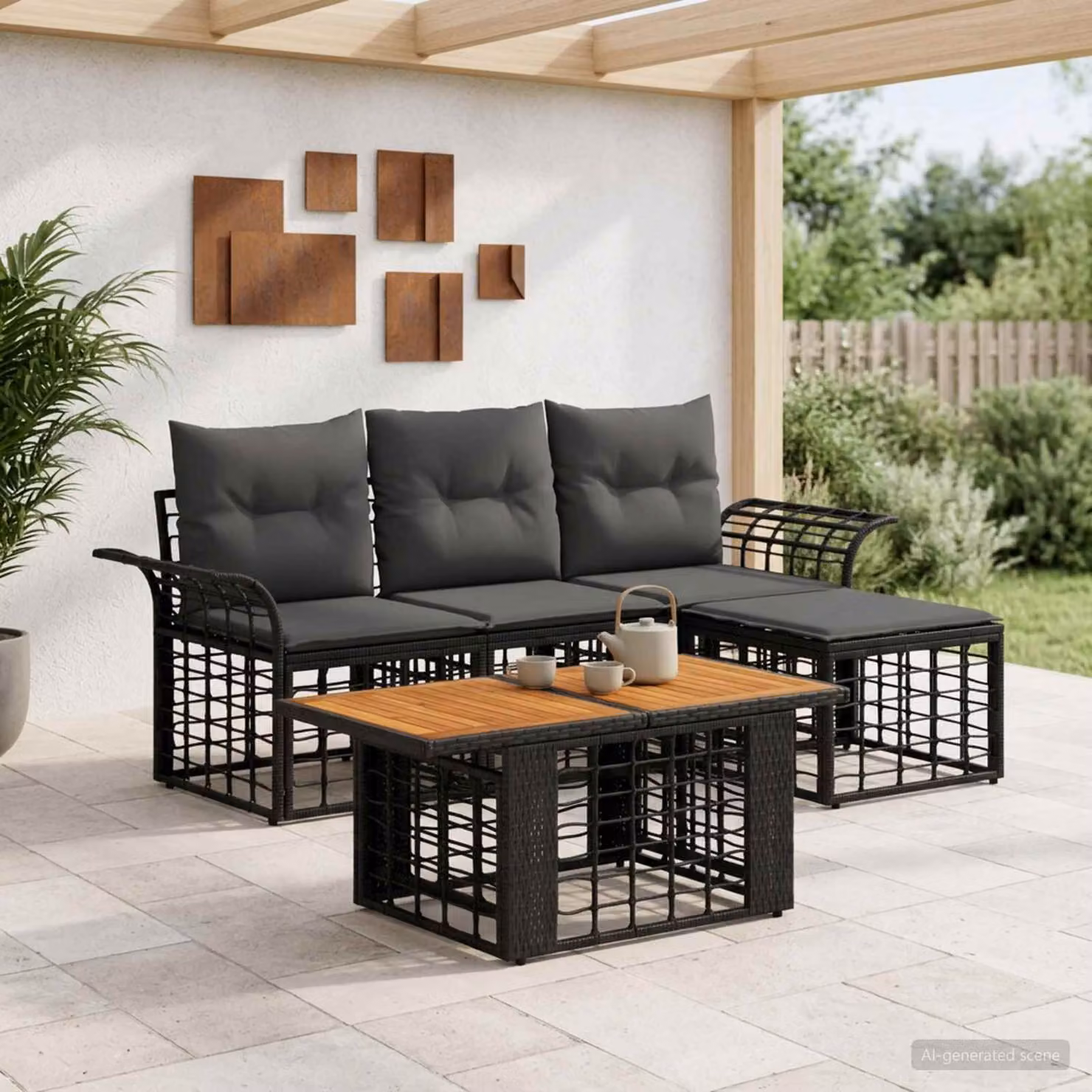Set Divano da Giardino L-Shape vidaXL 5 Pezzi in Polyrattan con Tavolino e Ottoman Nero e Grigio