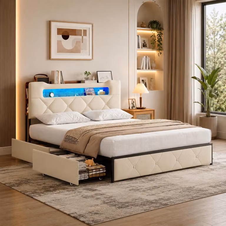 Letto imbottito INONEFT, 140x190 cm, con illuminazione LED e prese USB, 4 cassetti, letto singolo per ragazzi con spazio contenitivo, testiera imbottita, tessuto in flanella, colore beige