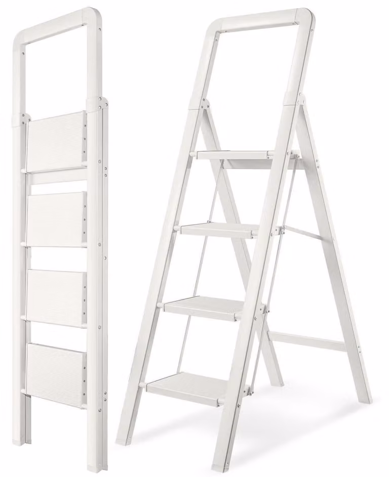 Scala a treppini in alluminio, 4 gradini, pieghevole, antiscivolo, portatile, capacità di carico 150 kg, colore bianco