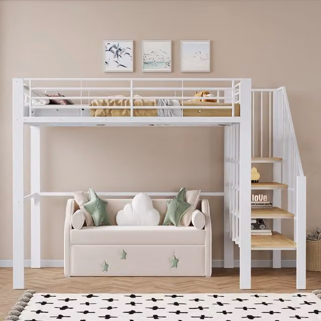 Letto a soppalco 140 x 200 cm in metallo e legno bianco con scala e spazio sottostante