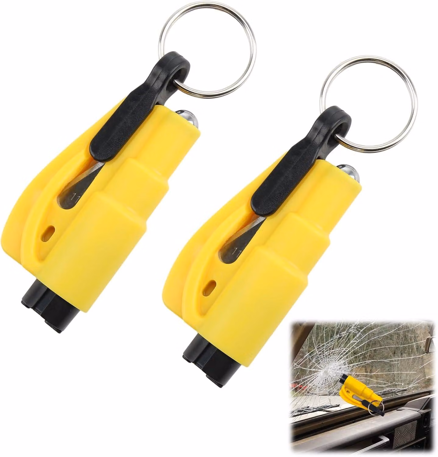 INF Set da 2 Frangivetro Auto con Fischietto di Emergenza - Mini Martello di Emergenza in ABS con Portachiavi Giallo