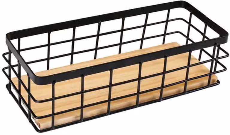 Azomor: elegante cesto da parete in metallo con base in legno per una soluzione di contenimento versatile