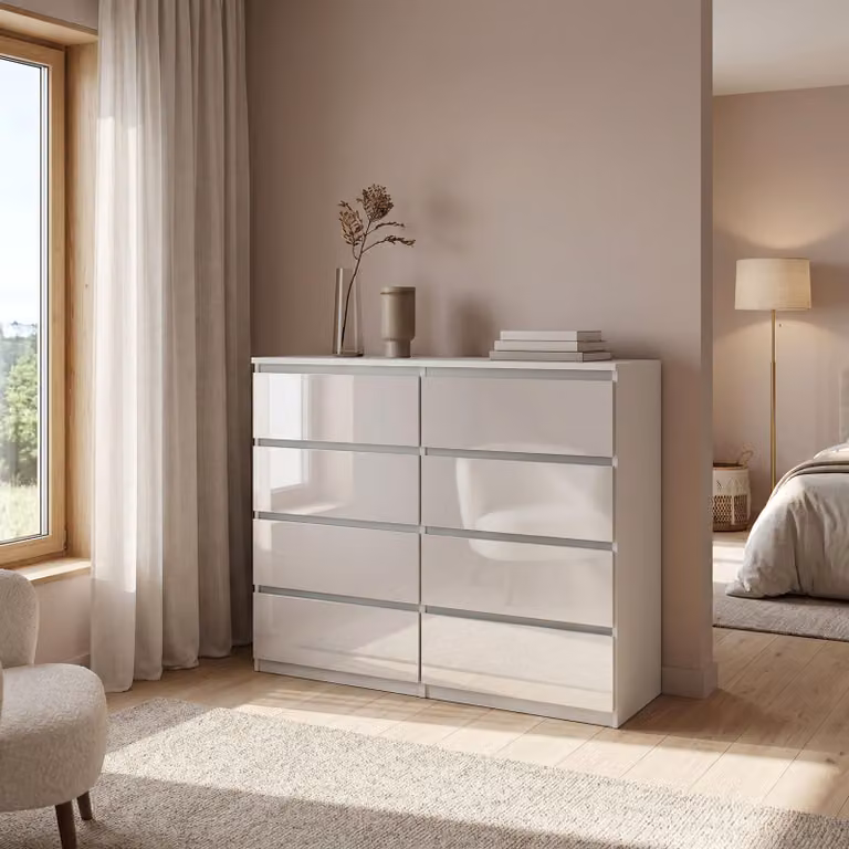 Comò Masseno NUDO da 138,5 cm con 8 cassetti e ante, per soggiorno e camera da letto, stile moderno, 138,5 x 39 x 101,5 cm, bianco / bianco