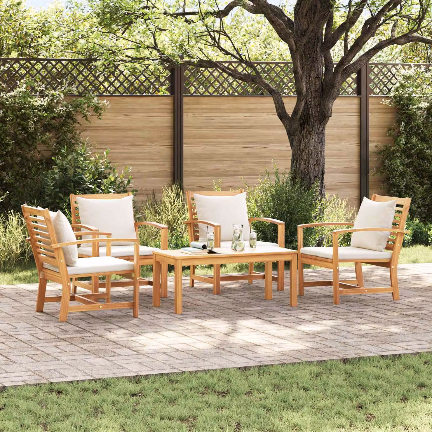 Set Divano da Giardino vidaXL in Legno di Teak Solido con Cuscini Beige e Marroni, 5 Pezzi – 1
