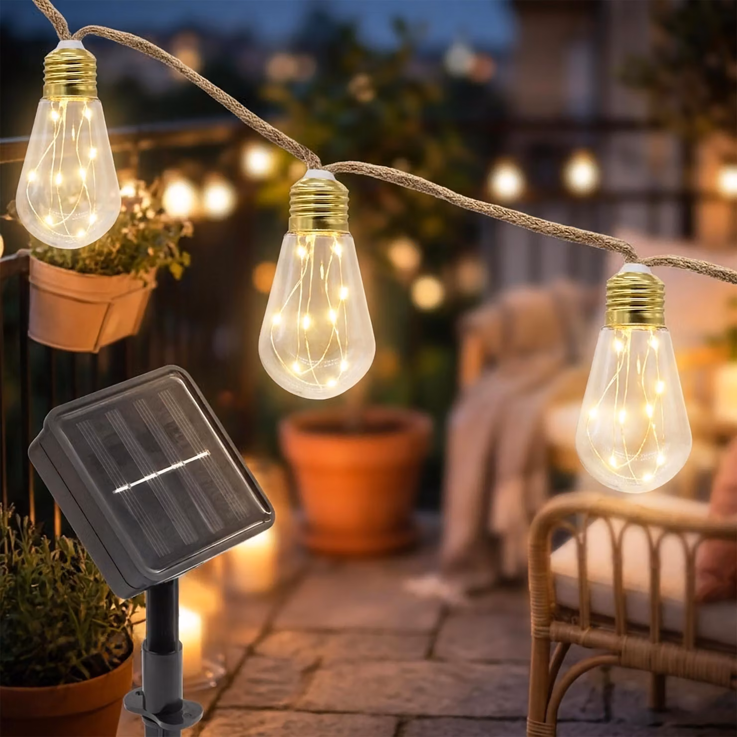 Ghirlanda luminosa a LED solare con 16 lampadine su 540 cm - bianco caldo - Illuminazione decorativa da giardino con lampadine trasparenti su cordoncino naturale