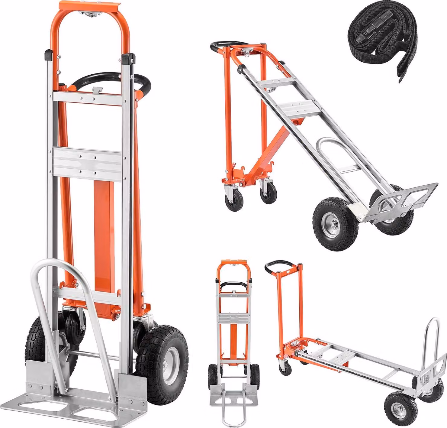 Carrello a mano - Carrello di trasporto 4 in 1 - Capacità di carico 453 kg - Commutabile tra modalità a 2 o 4 ruote - Alluminio - Impugnatura e ruote antiscivolo - Per traslochi, ufficio, magazzino