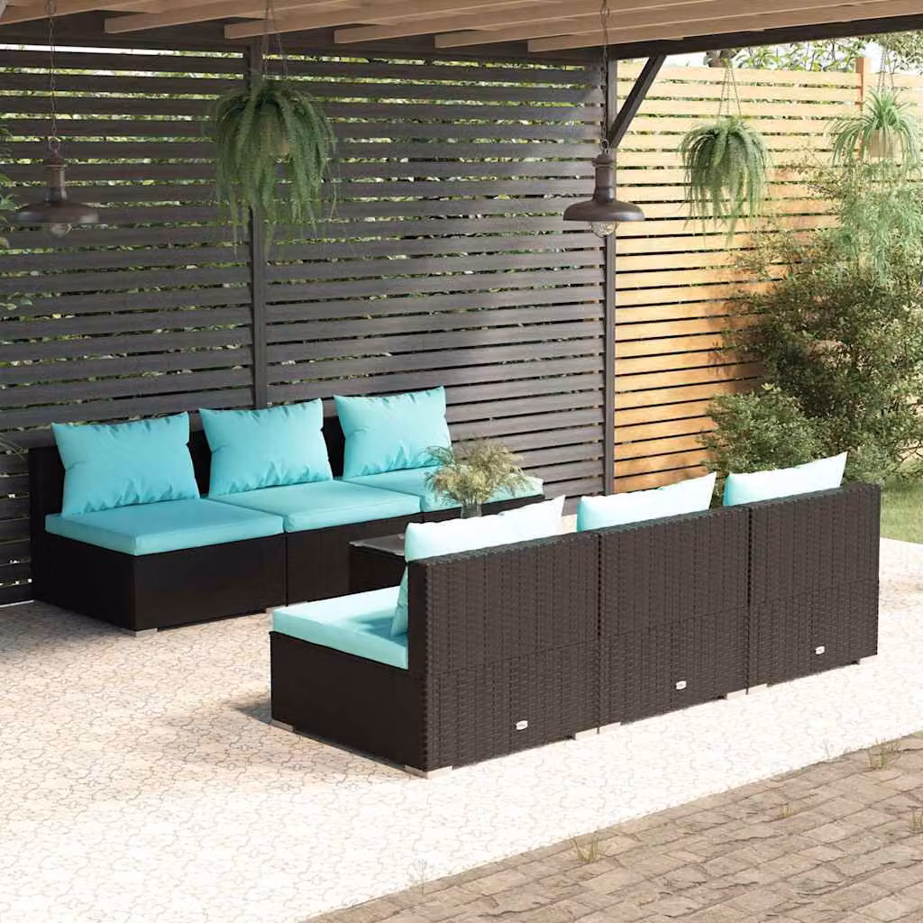 Set da giardino vidaXL 7 pezzi con divani a tre posti, tavolino da caffè e cuscini color turchese in rattan e metallo nero
