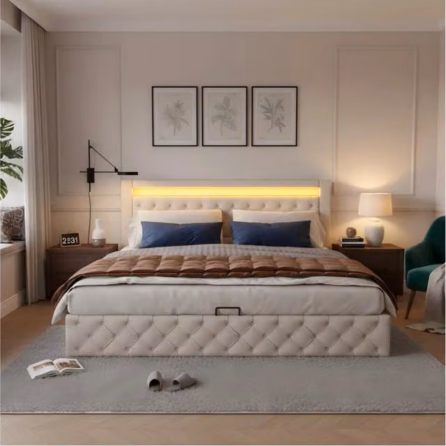 Letto imbottito bianco 140x190 cm, matrimoniale con contenitore idraulico, rete a doghe e illuminazione LED