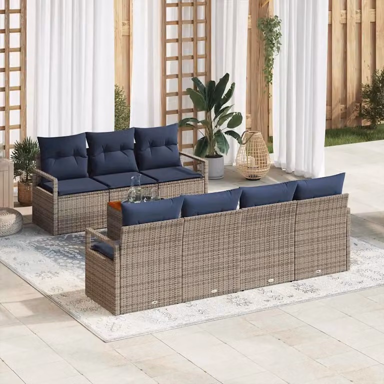 Set Divano da Giardino vidaXL 8 pz Grigio con Poltrona, Divano a 3 posti, Elementi Angolari e Tavolino da Caffè in Polyrattan e Acciaio con Cuscini Inclusi