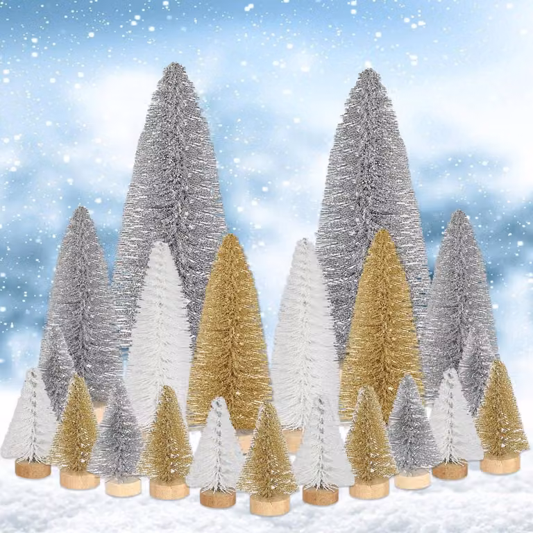 21 piccoli alberi di Natale artificiali, decorazioni natalizie in miniatura, piccoli alberi di Natale argentati, bianchi e dorati, da 4,5/10/15 cm, ideali per decorare tavoli, per decorazioni invernali e come accessori per villaggi natalizi