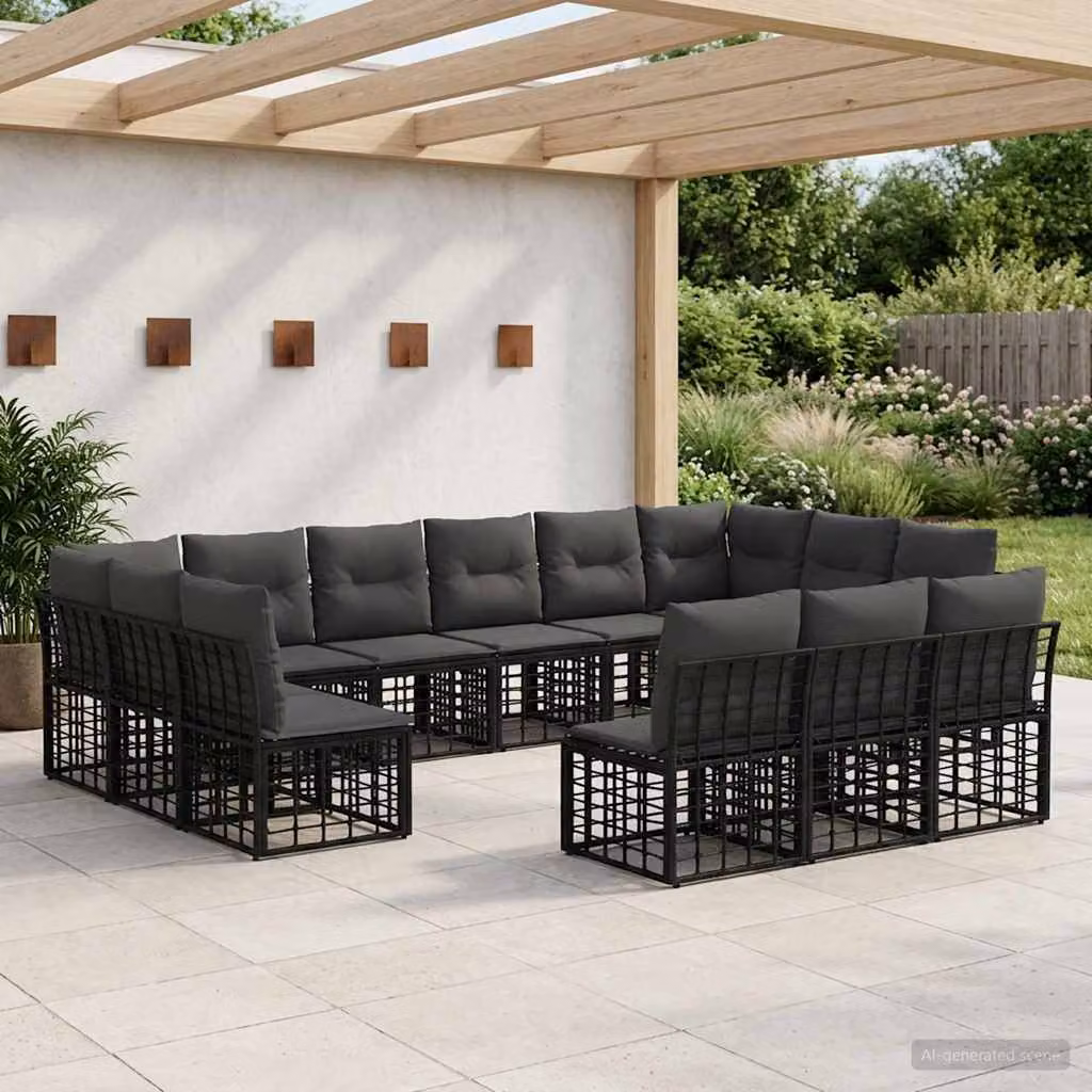 Set di divani da esterno a L vidaXL in polyrattan nero e grigio con cuscini inclusi