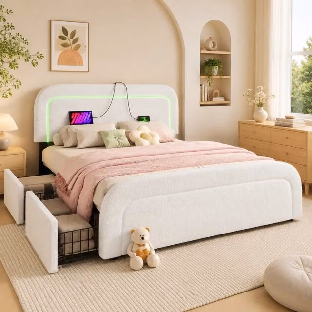 Letto matrimoniale 160x200 cm in Sherpa bianco con USB Type-C; LED e 4 cassetti