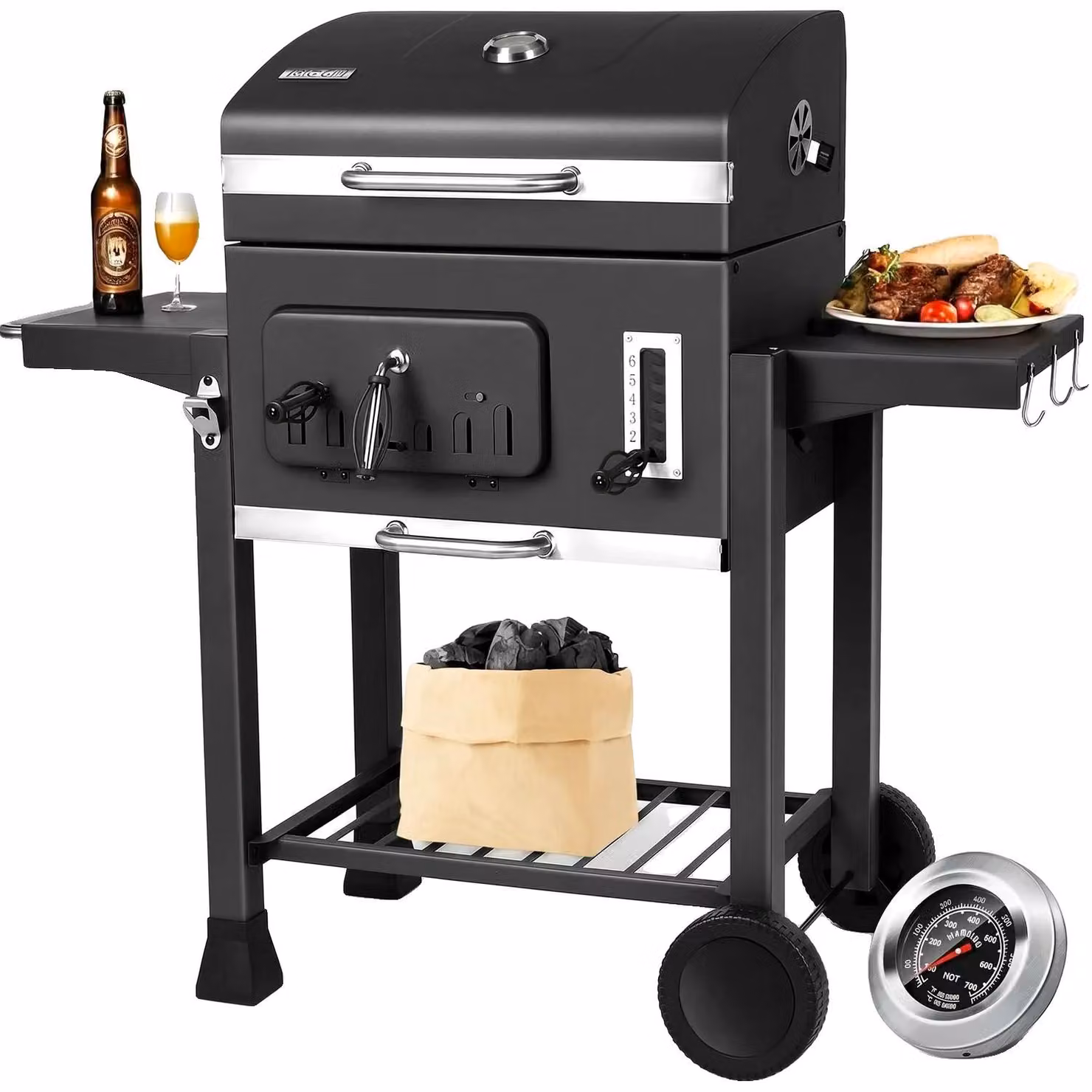 Barbecue a carbonella, con carrello, vassoio regolabile, nero