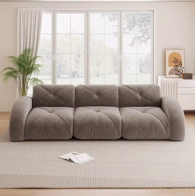 Divano modulare a 3 posti senza struttura in chenille color tortora
