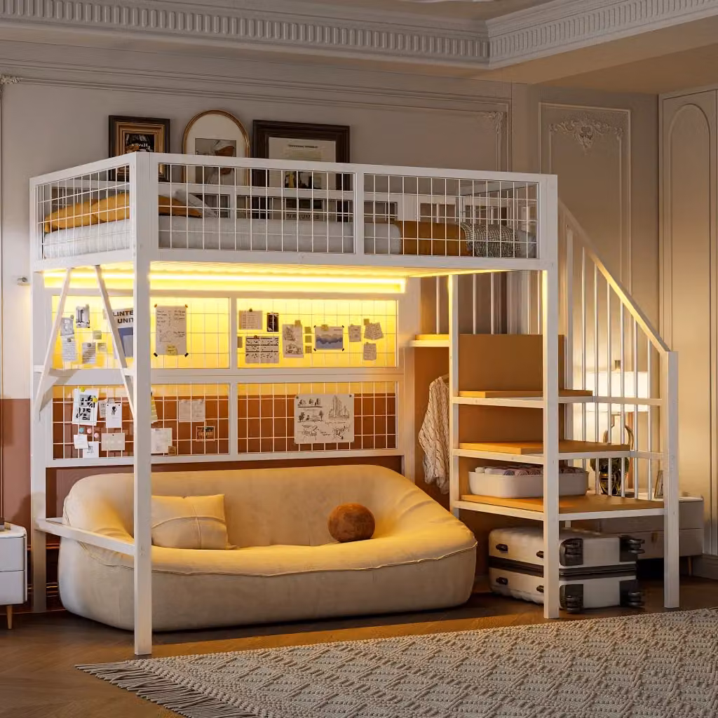 Letto a soppalco singolo in metallo con illuminazione LED, scala contenitore e armadio, bianco e nero, 90 x 200 cm – 2