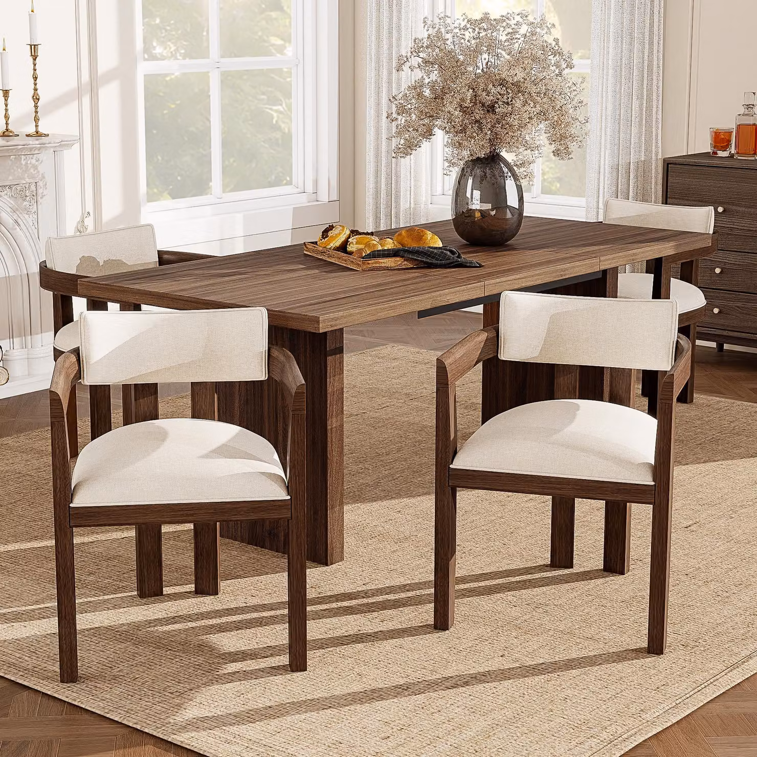 MODFU: 4 sedie in legno massello, sedia reclinabile, sedia da cucina, comoda e traspirante, poltrona, rivestimento in lino, finitura noce