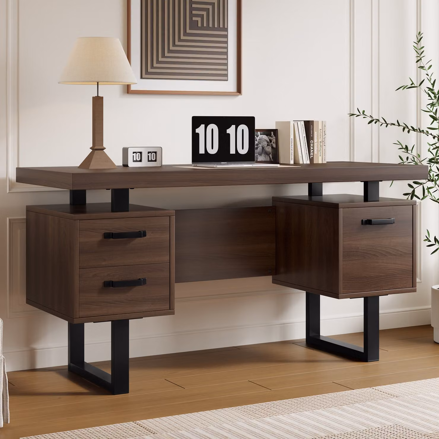 Scrivania Merax 135x54 cm - aspetto noce, scrivania da lavoro con 2 cassetti e scomparto per cartelle, scrivania da ufficio in MDF con struttura in acciaio nero per ufficio domestico