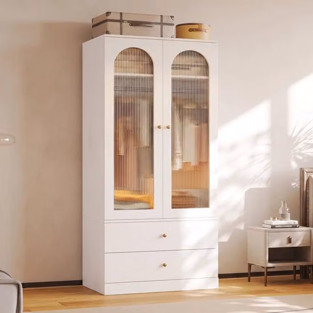Armadio a 2 ante in vetro scanalato con 2 cassetti e appendiabiti per camera da letto in MDF bianco