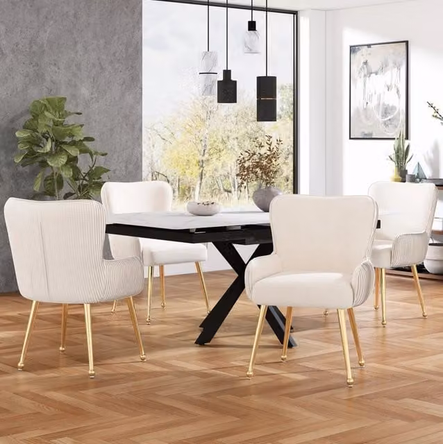 Set da 4 sedie da pranzo in velluto beige e oro, con braccioli, schienale ergonomico e piedi in metallo regolabili, per soggiorno e sala da pranzo
