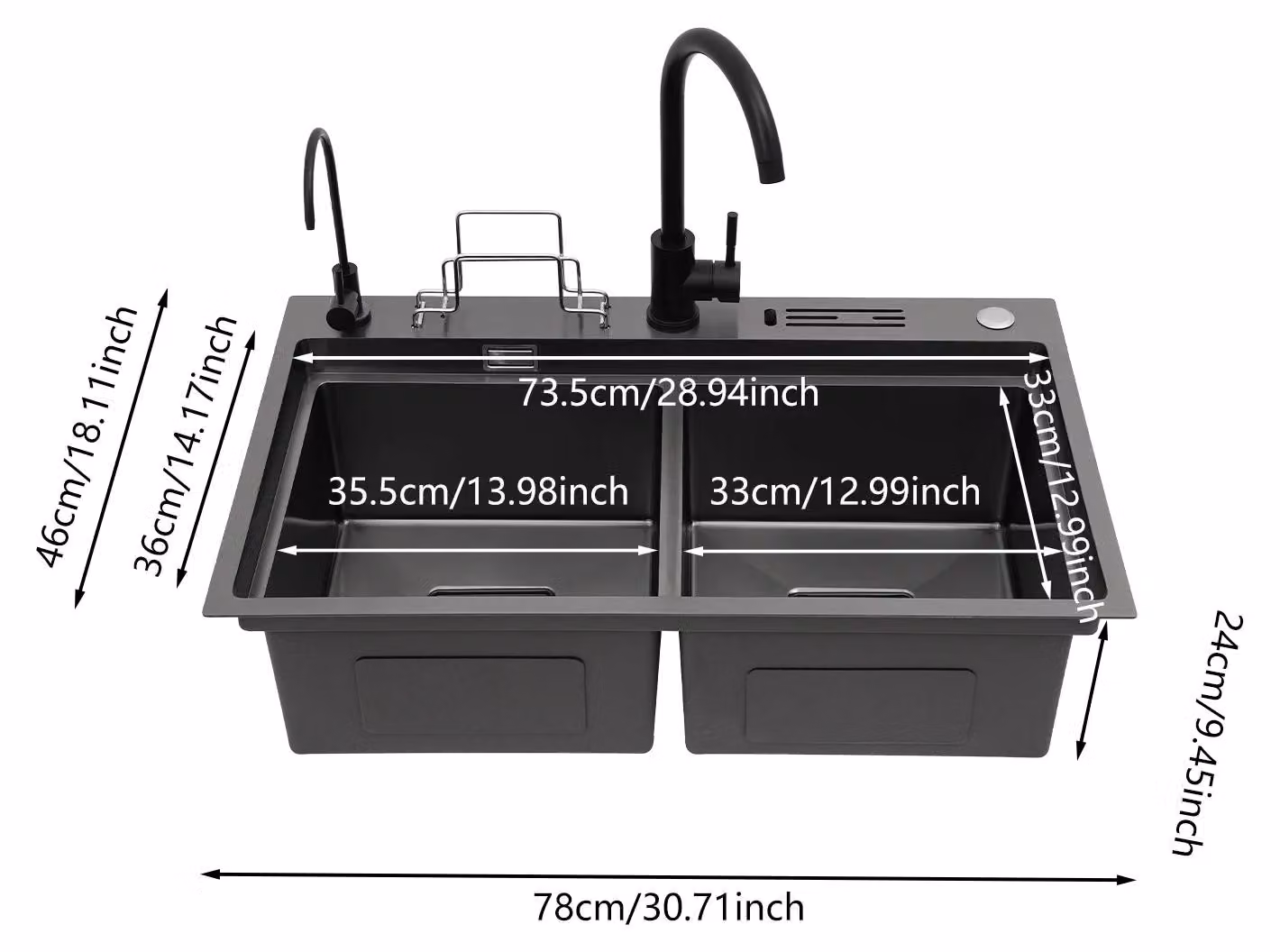 Lavello da cucina - Doppia vasca - 78x46 cm - Acciaio inossidabile 304 - Con rubinetto - Rettangolare - Nero