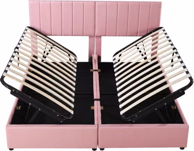 Letto matrimoniale 180x200 cm con contenitore idraulico; lino rosa e rete a doghe
