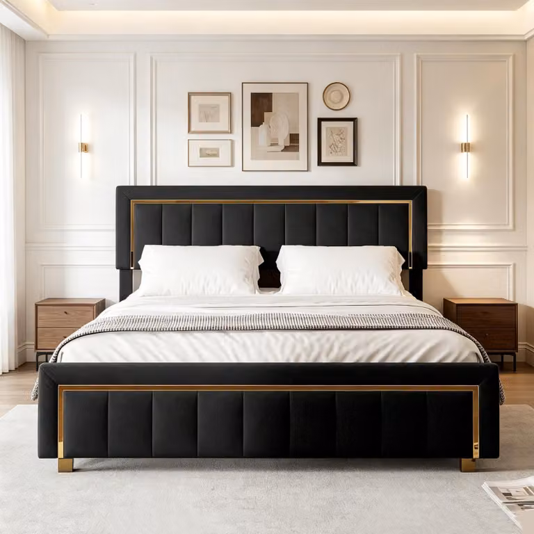Letto imbottito INONEFT, 160x200 cm, letto con box e spazio contenitore, letto per ragazzi con rete a doghe, poggiatesta regolabile, tessuto velluto, colore nero