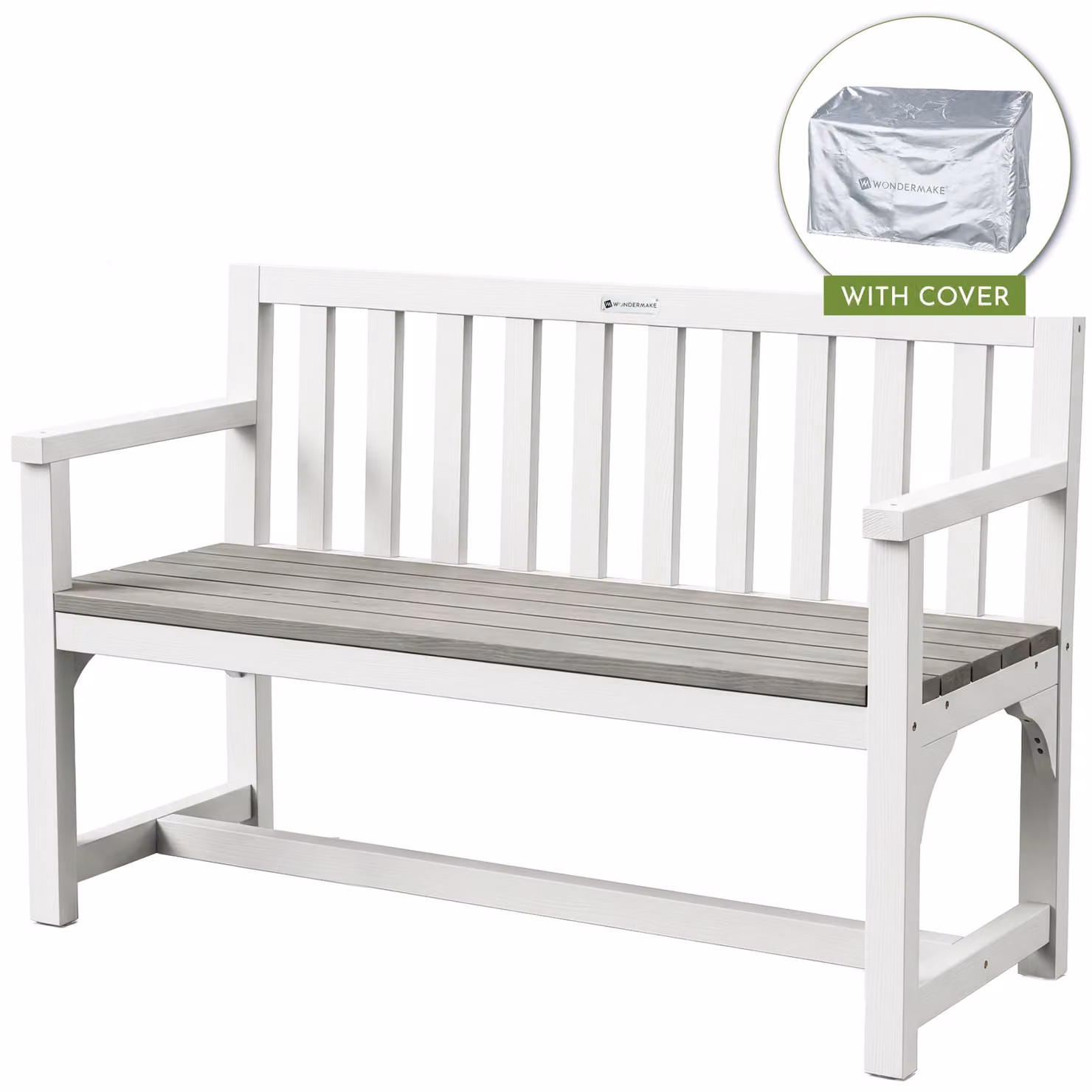 Panca da giardino WONDERMAKE® in legno, resistente alle intemperie e con copertura, panca in legno moderna per 2 persone, panchina da parco, panchina da esterno in legno massello, bianco grigio