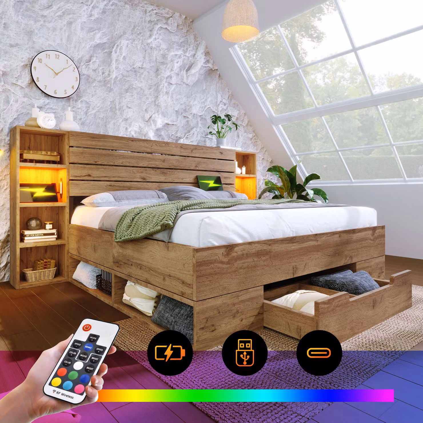 Letto matrimoniale 180x200 cm con illuminazione LED, porte USB e Type-C, testiera contenitore con 2 cassetti e rete a doghe in compensato, finitura noce, senza materasso