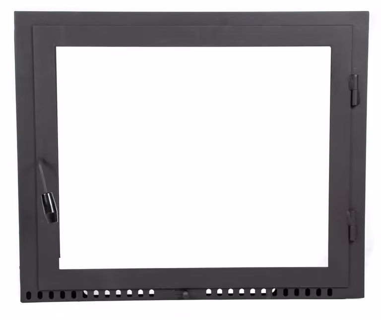 Porta forno per pizza 65x42 cm con vetro resistente al calore, acciaio con flangia e cerniera destra, ideale per camino o forno 650×420 mm.