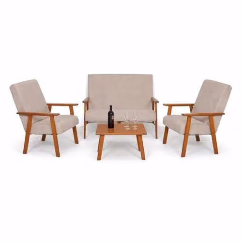 MA MAISON Set Salottino da Giardino in Legno Tabacco - Divano, Poltrone, Tavolo, in Tessuto, Imbottito, Braccioli, da Arredo, per Soggiorno, Terrazza, Resistente, Moderna - Made in Italy (Beige)