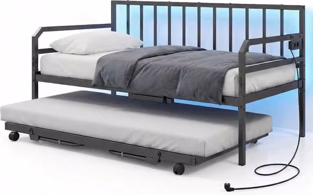 Divano Letto Singolo con Luci LED e Stazione di Ricarica USB Costway, Struttura in Metallo con Cassetti, Nero, L/P/H: 90 x 200 cm