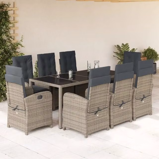 Set da Pranzo da Giardino vidaXL in Polyrattan Grigio con Tavolo in Vetro e 9 Sedute