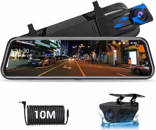 Dashcam per Auto con Specchio Retrovisore Touchscreen Full HD 1080p, Angolo di Campo 170°, Modalità Parcheggio e Visibilità Notturna, Colore Nero, Larghezza: 24 cm