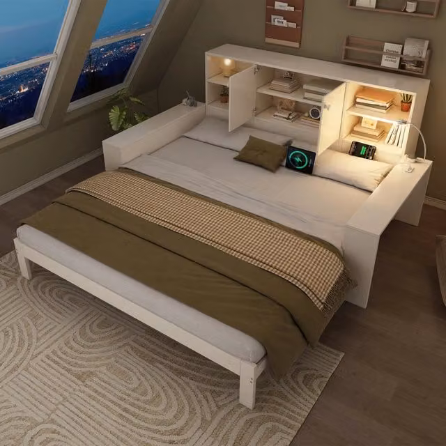 Letto estraibile 90×200 e 180×200 cm con vano profondo, 3 USB, Type-C e luce lettura, senza materasso, bianco