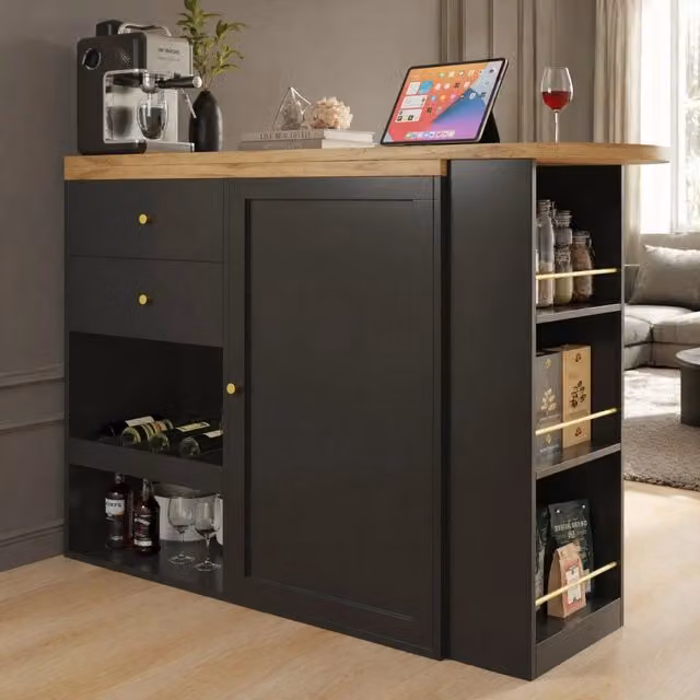 Credenza modulare girevole moderna in MDF nero opaco con 4 cassetti, ripiani aperti e dettagli metallici dorati