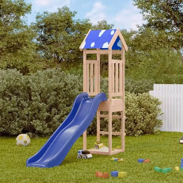 Set da Gioco da Esterno in Legno Massello con Scivolo, Sabbiera e Canopy Blu – 1