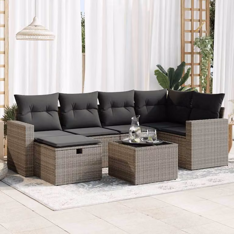 Set Divani da Giardino vidaXL 7 pz in Polyrattan Grigio con Cuscini e Tavolino