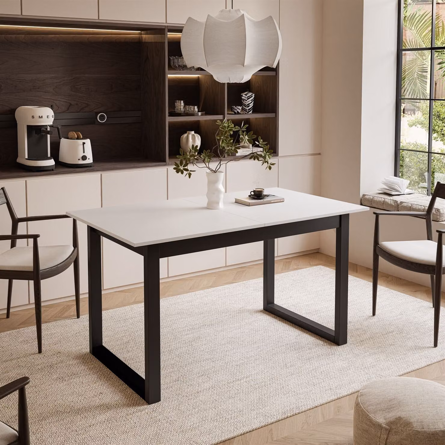 ARTON II tavolo allungabile 140 cm bianco, gambe a U in metallo nero