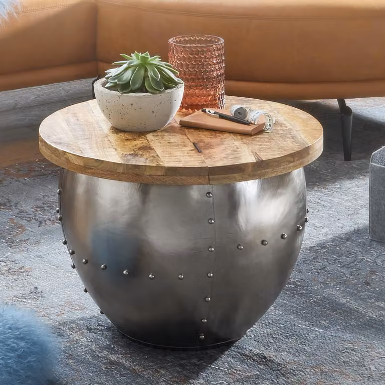 FineBuy Tavolino da salotto in legno massello di mango / metallo argento 60x43x60 cm Tavolino da salotto rotondo in stile industriale con vano portaoggetti Tavolino da salotto moderno Tavolino da divano